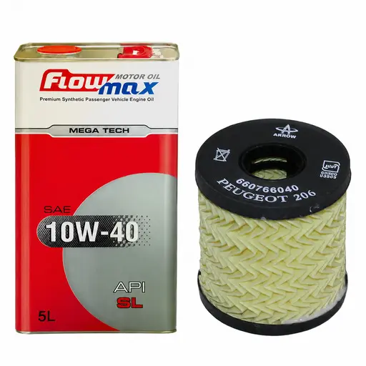 فیلتر روغن پژو 206 کوتاه آرو+روغن موتور فلومکس مدل 10W-40 SL پنج لیتری